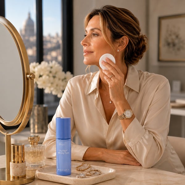 Frau wendet den Nu Skin ageLOC Tru Face Refining Toner nach der Reinigung an