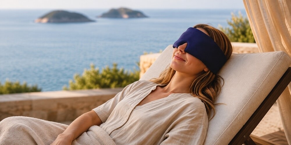 Holistic Sleep Duo – Frau mit Healy Schlafmaske entspannt im Liegestuhl