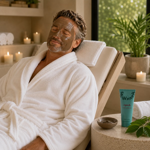 Mann mit Nu Skin Epoch Marine Mud Schlammmaske im Gesicht