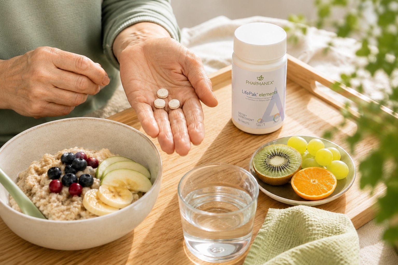 Pharmanex LifePak Elements mit Müsli am Frühstückstisch
